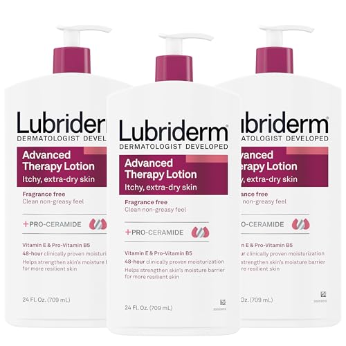 Lubriderm Advanced Therapy Fragrance-Free Moisturizing Lotion with Vitamins E and Pro-Vitamin B5, Intense Hydration for Extra Dry Skin, Non-Greasy Formula, Pack of Three, 3 x 24 fl. oz